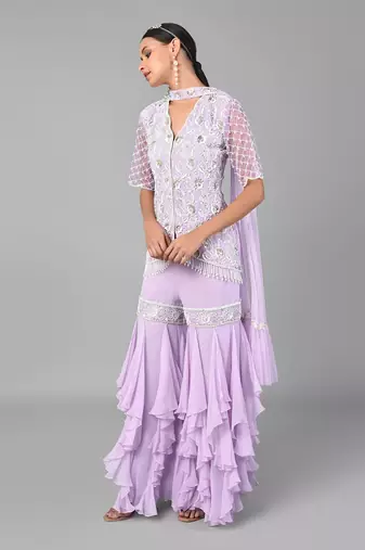 Ivory Bead Gold Sequins Heavy Embroidered Lilac Georgette Set