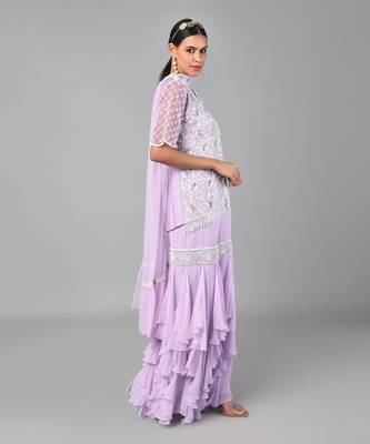 Ivory Bead Gold Sequins Heavy Embroidered Lilac Georgette Set 3