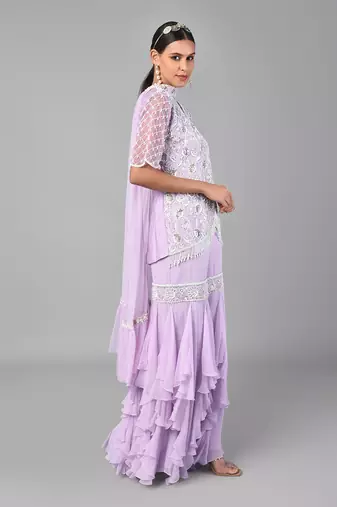 Ivory Bead Gold Sequins Heavy Embroidered Lilac Georgette Set