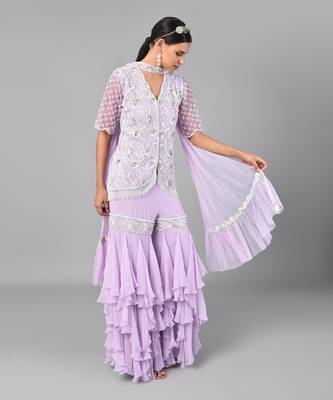 Ivory Bead Gold Sequins Heavy Embroidered Lilac Georgette Set 4