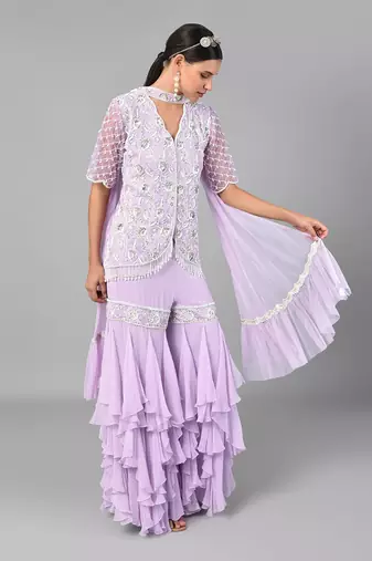 Ivory Bead Gold Sequins Heavy Embroidered Lilac Georgette Set