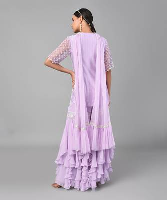 Ivory Bead Gold Sequins Heavy Embroidered Lilac Georgette Set 5