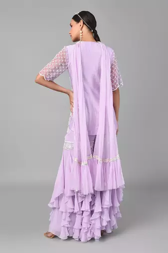 Ivory Bead Gold Sequins Heavy Embroidered Lilac Georgette Set
