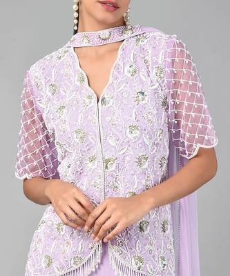 Ivory Bead Gold Sequins Heavy Embroidered Lilac Georgette Set 6