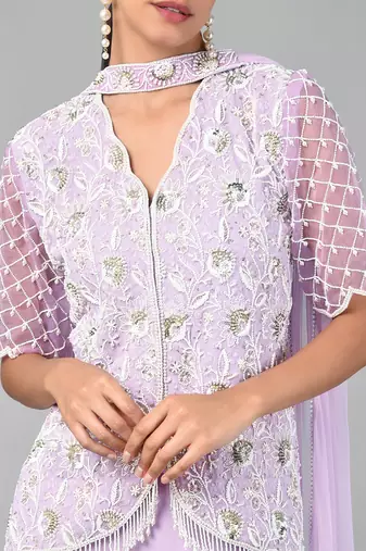Ivory Bead Gold Sequins Heavy Embroidered Lilac Georgette Set