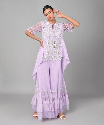 Ivory Bead Gold Sequins Heavy Embroidered Lilac Georgette Tunic Set 1