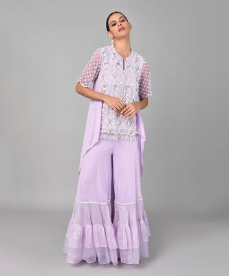 Ivory Bead Gold Sequins Heavy Embroidered Lilac Georgette Tunic Set 2