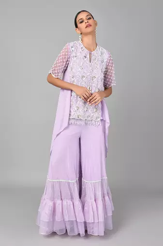 Ivory Bead Gold Sequins Heavy Embroidered Lilac Georgette Tunic Set