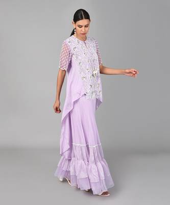 Ivory Bead Gold Sequins Heavy Embroidered Lilac Georgette Tunic Set 3
