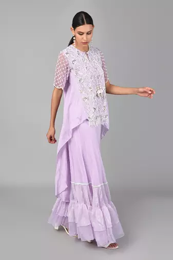 Ivory Bead Gold Sequins Heavy Embroidered Lilac Georgette Tunic Set