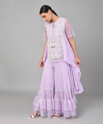 Ivory Bead Gold Sequins Heavy Embroidered Lilac Georgette Tunic Set 4
