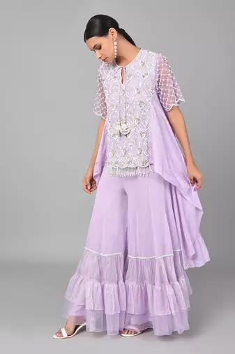 Ivory Bead Gold Sequins Heavy Embroidered Lilac Georgette Tunic Set