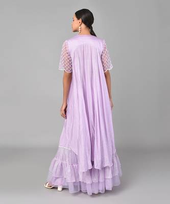 Ivory Bead Gold Sequins Heavy Embroidered Lilac Georgette Tunic Set 5