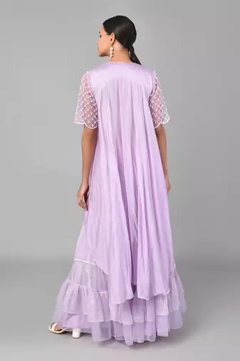 Ivory Bead Gold Sequins Heavy Embroidered Lilac Georgette Tunic Set
