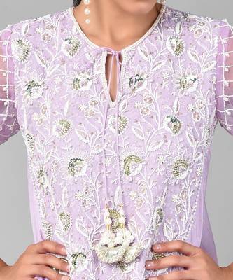 Ivory Bead Gold Sequins Heavy Embroidered Lilac Georgette Tunic Set 6