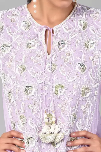 Ivory Bead Gold Sequins Heavy Embroidered Lilac Georgette Tunic Set