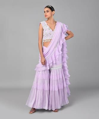 Ivory Bead Gold Sequins Heavy Embroidered Lilac Georgette Drape Palazzo Set 2