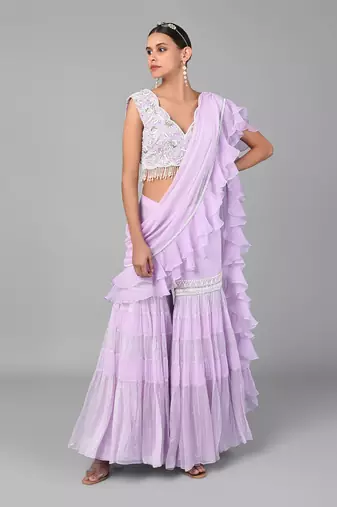 Ivory Bead Gold Sequins Heavy Embroidered Lilac Georgette Drape Palazzo Set