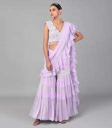 Ivory Bead Gold Sequins Heavy Embroidered Lilac Georgette Drape Palazzo Set