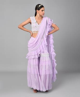 Ivory Bead Gold Sequins Heavy Embroidered Lilac Georgette Drape Palazzo Set 1