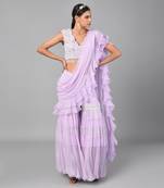 Ivory Bead Gold Sequins Heavy Embroidered Lilac Georgette Drape Palazzo Set