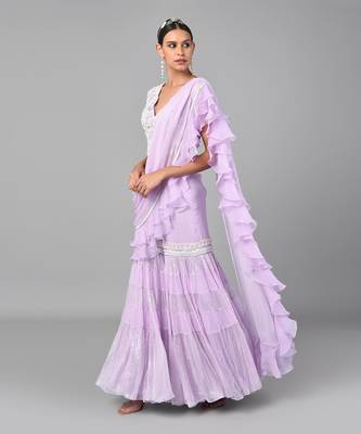 Ivory Bead Gold Sequins Heavy Embroidered Lilac Georgette Drape Palazzo Set 3