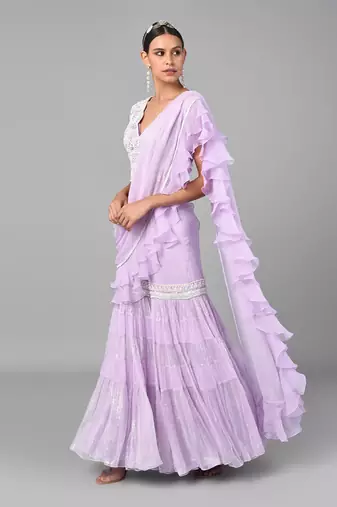 Ivory Bead Gold Sequins Heavy Embroidered Lilac Georgette Drape Palazzo Set