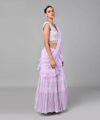 Ivory Bead Gold Sequins Heavy Embroidered Lilac Georgette Drape Palazzo Set 4