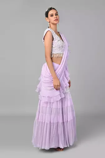 Ivory Bead Gold Sequins Heavy Embroidered Lilac Georgette Drape Palazzo Set