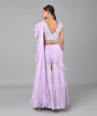 Ivory Bead Gold Sequins Heavy Embroidered Lilac Georgette Drape Palazzo Set 5