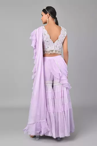 Ivory Bead Gold Sequins Heavy Embroidered Lilac Georgette Drape Palazzo Set