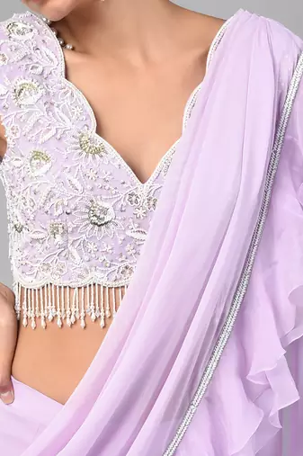 Ivory Bead Gold Sequins Heavy Embroidered Lilac Georgette Drape Palazzo Set