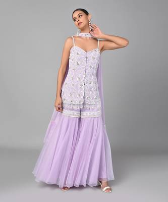 Ivory Bead Gold Sequins Heavy Embroidered Lilac Georgette Set 1