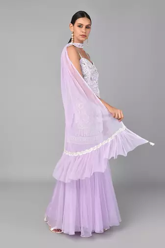 Ivory Bead Gold Sequins Heavy Embroidered Lilac Georgette Set