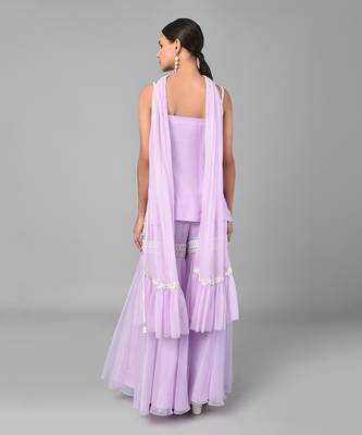 Ivory Bead Gold Sequins Heavy Embroidered Lilac Georgette Set 3