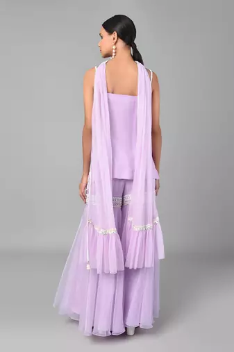 Ivory Bead Gold Sequins Heavy Embroidered Lilac Georgette Set