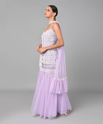 Ivory Bead Gold Sequins Heavy Embroidered Lilac Georgette Set 4