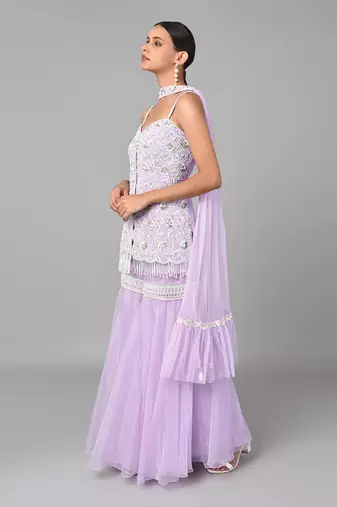 Ivory Bead Gold Sequins Heavy Embroidered Lilac Georgette Set