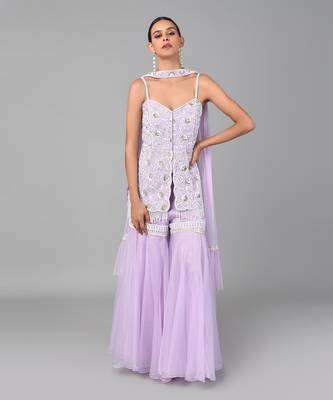 Ivory Bead Gold Sequins Heavy Embroidered Lilac Georgette Set 5