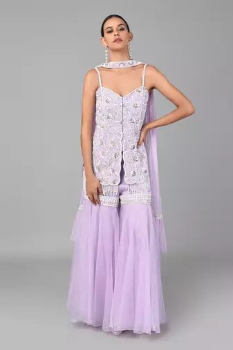 Ivory Bead Gold Sequins Heavy Embroidered Lilac Georgette Set