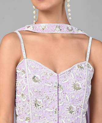 Ivory Bead Gold Sequins Heavy Embroidered Lilac Georgette Set 6
