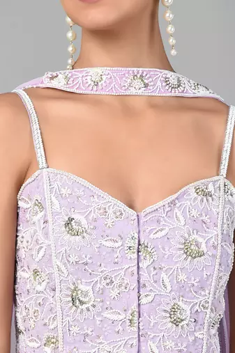 Ivory Bead Gold Sequins Heavy Embroidered Lilac Georgette Set