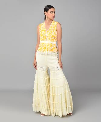 Ivory Bead Sequins Embellished Mustard Peplum Set 1