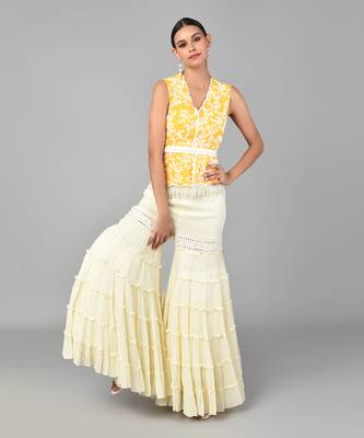 Ivory Bead Sequins Embellished Mustard Peplum Set 2