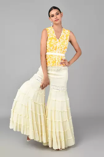 Ivory Bead Sequins Embellished Mustard Peplum Set