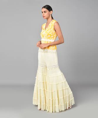 Ivory Bead Sequins Embellished Mustard Peplum Set 3