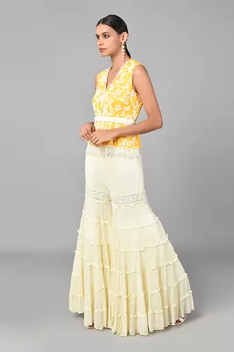Ivory Bead Sequins Embellished Mustard Peplum Set