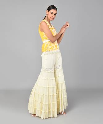 Ivory Bead Sequins Embellished Mustard Peplum Set 4