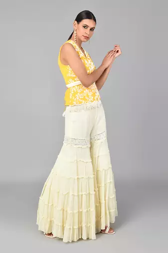 Ivory Bead Sequins Embellished Mustard Peplum Set
