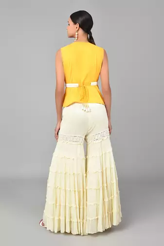 Ivory Bead Sequins Embellished Mustard Peplum Set